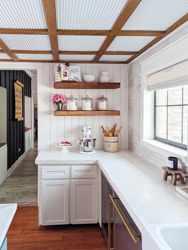 DIY Corrugated Metal Ceiling with Wood Grid Trim in Farmhouse Kitchen