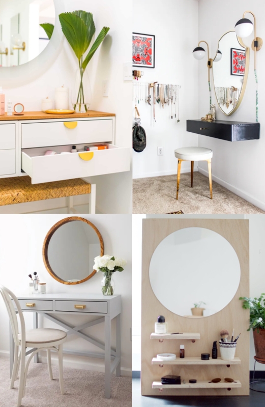 DIY Makeup Vanity showing Compact Layouts and Round Mirrors