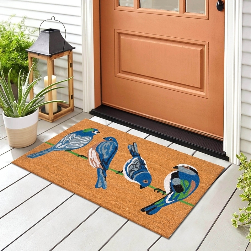 Door Mat Nature Inspired Four Birds Pattern Coir Blue Accents