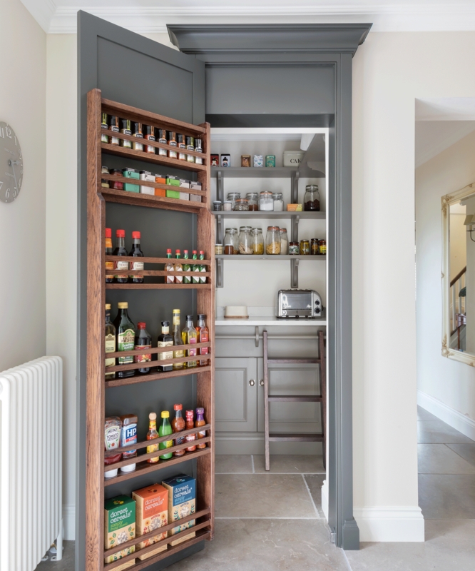 Door-Mounted Spice Rack in Charcoal Gray Pantry with Step Ladder