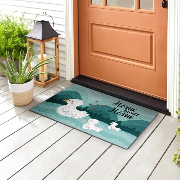 Doormat Cottage Swan Family Graphic Teal Home Sweet Home Text