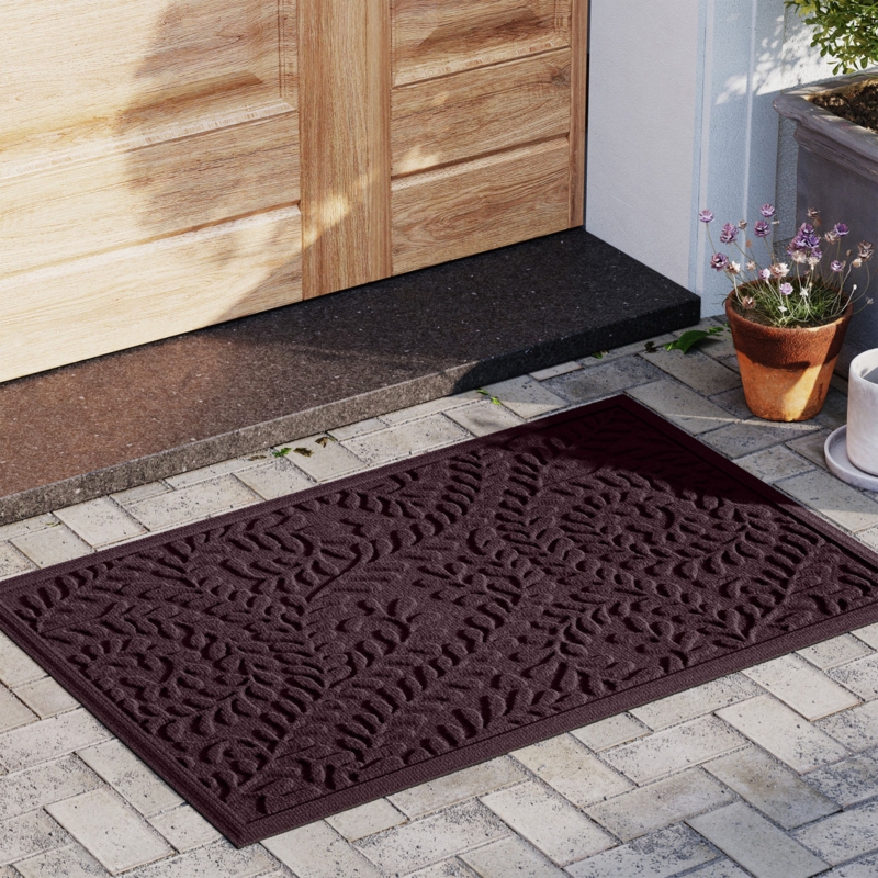 Doormat Plum Colored Entryway Rug Raised Leaf Motif Molded Border