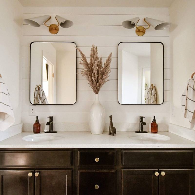 Double-Arm Sconces: Symmetrical Bathroom Lighting Layout with Shiplap