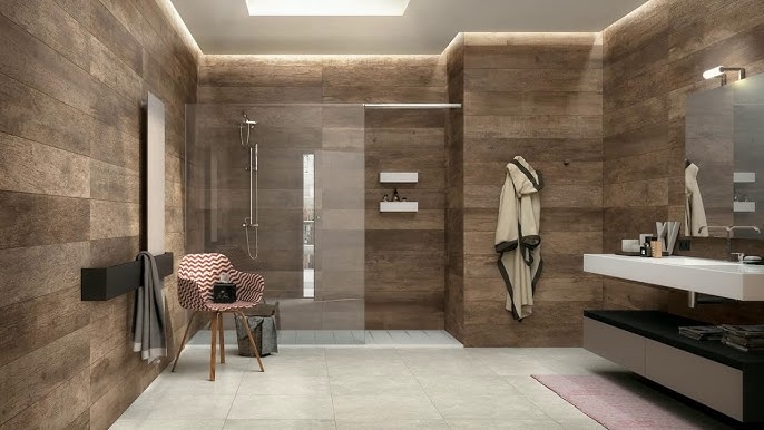 Double Bathroom Vanity Floating Design with Wood Look Wall Tiles