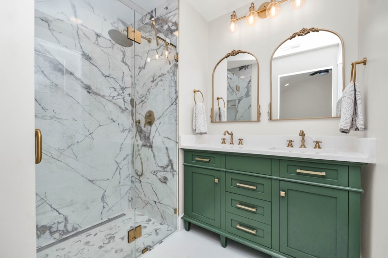 Double Bathroom Vanity Green Double Sink, Arched Mirrors. Green Vanity Design.