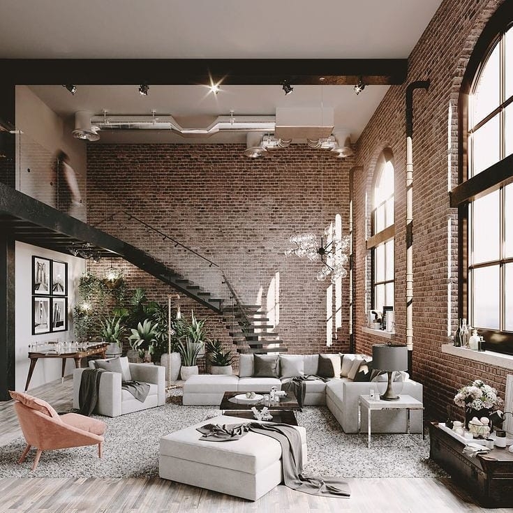 Double Height Industrial Loft Living Room: Large Arched Windows