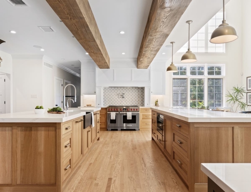Double Island Kitchen Floor Plan with Rustic Ceiling Beams