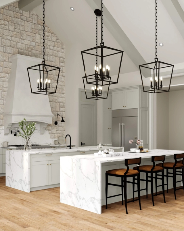 Double Marble Waterfall Kitchen Islands with Lanterns