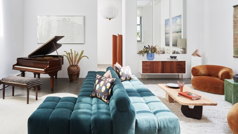 Double Sided Modular Sofa Layout in Teal Tufted Velvet for Zoning