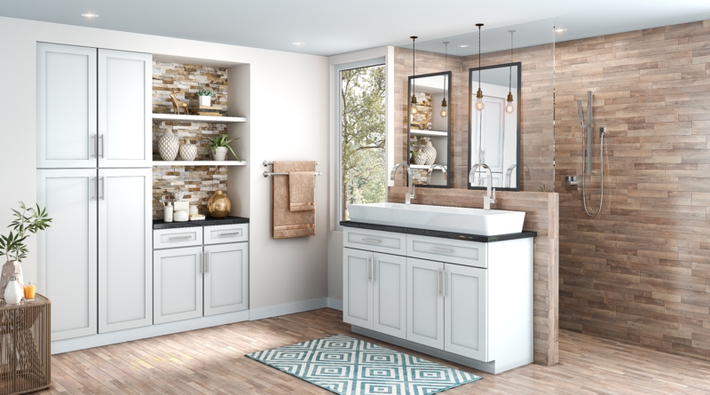 Double Trough Sink Vanity with Shaker Cabinets and Wood Plank Walls