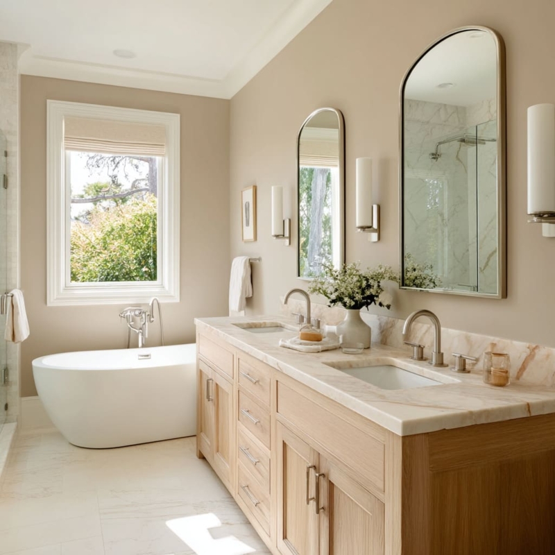 Double Vanity, Arched Mirrors, Neutral Bathroom with Warm Taupe Walls