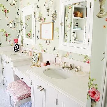 Double Vanity Bathroom with Bird Pattern Wallpaper and Floral Motifs