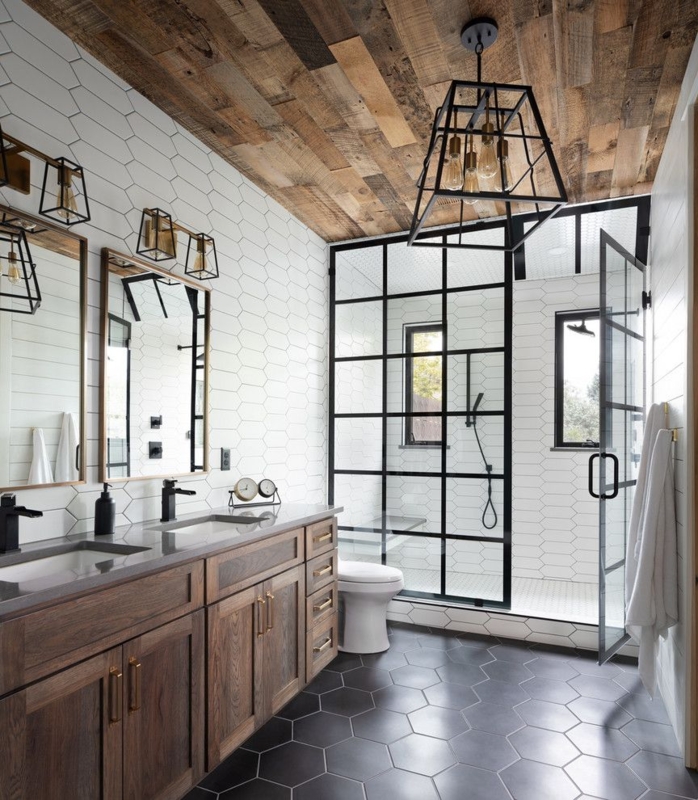Double Vanity Bathroom with Wood Plank Ceiling and Hexagon Tiles