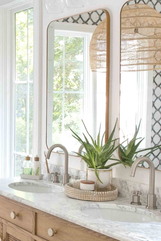 Double Vanity Bathroom with Woven Rattan Pendants and Marble Top