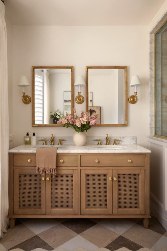 Double Vanity, Cane Door Panels, Checkered Floor, Earth Tone Design