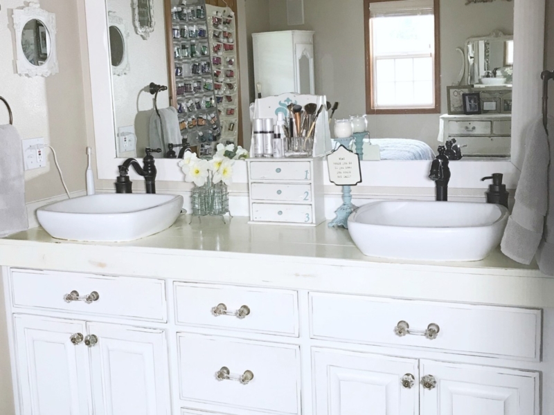 Double Vanity featuring vessel sinks and crystal knobs. SEO: farmhouse vanity organization ideas.