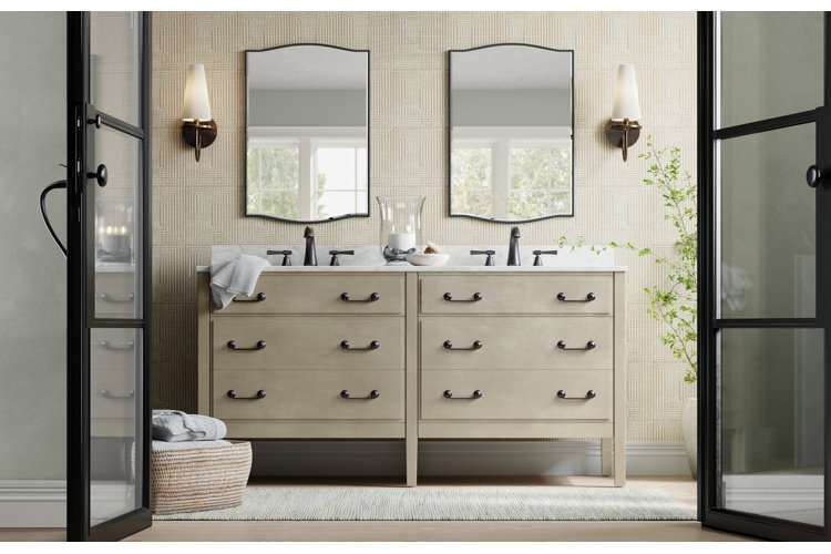 Double Vanity, Geometric Wallpaper, Black French Doors, Transitional Style