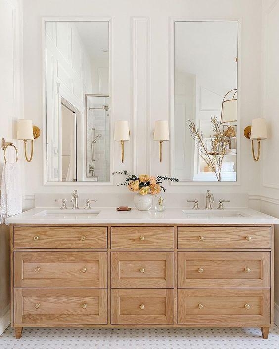 Double Vanity, Light Oak Double Vanity Bathroom Brass Sconces Shaker