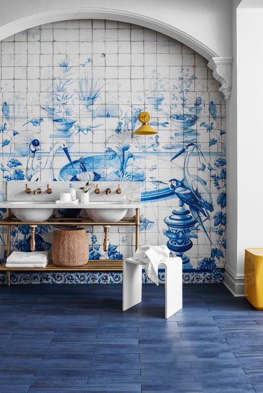 Double Vanity: Pictorial Tile Mural, Arched Alcove, Blue Plank Flooring