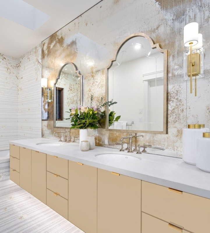 Double Vanity with Antiqued Mirror Wall & Arched Mirrors in Glam Bathroom