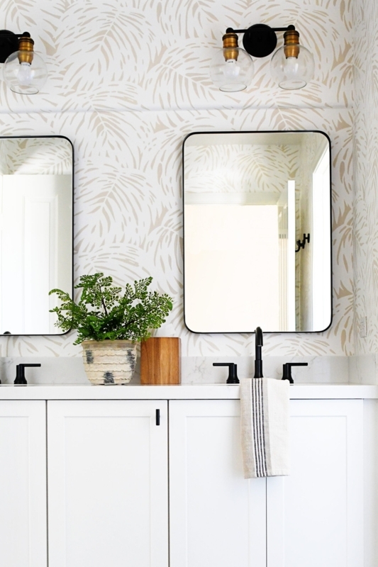 Double Vanity with Botanical Palm Leaf Wallpaper and Shaker Cabinets