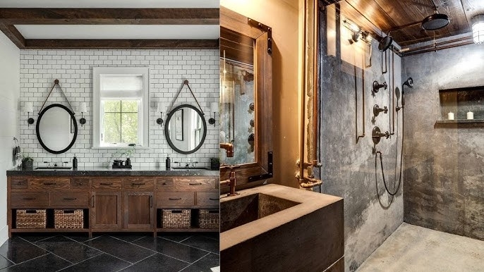 Double Vanity with Concrete Walls and Round Hanging Mirrors