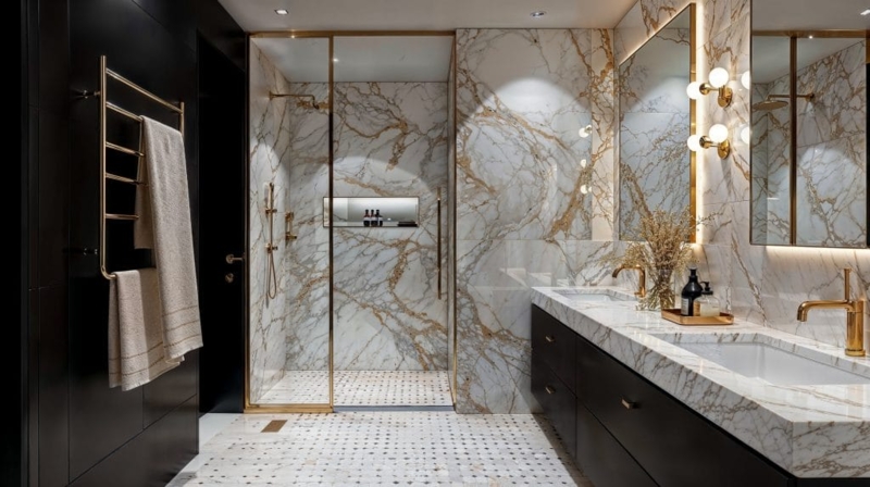 Double Vanity with Gold Veined Marble and Polished Brass Hardware