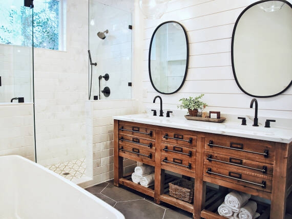 Double Vanity with Industrial Pipe Style Hardware and Open Base