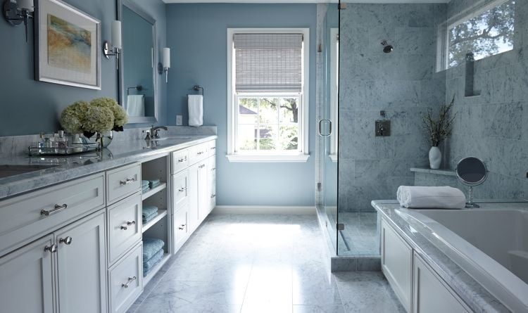 Double Vanity with Marble Look Surfaces & Towel Shelving