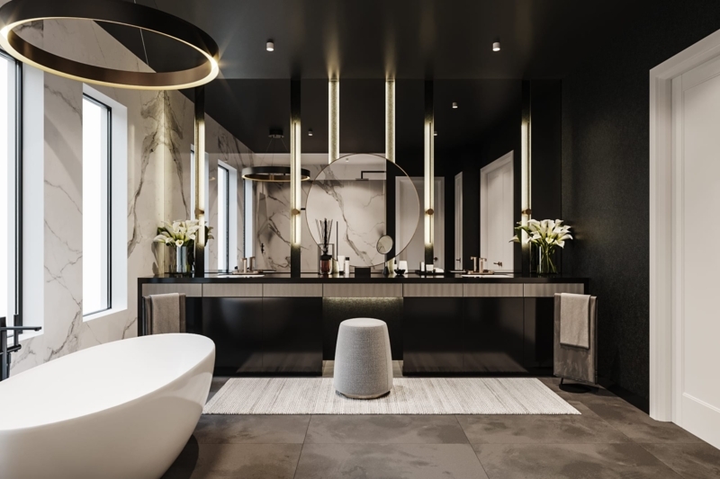 Double Vanity with Vertical Light Bars and Marble Wall Accents