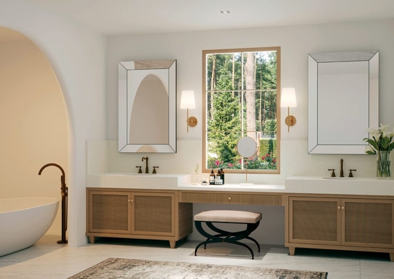 Double Vanity with Woven Cabinet Doors and Arched Tub Alcove