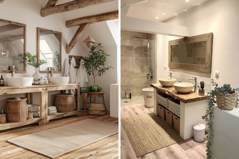 Double Vessel Sink Bathroom Layout with Woven Storage Baskets