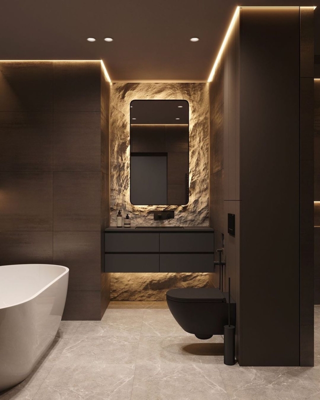 Dramatic Bathroom Idea with Stone Accent Wall and Integrated Lighting