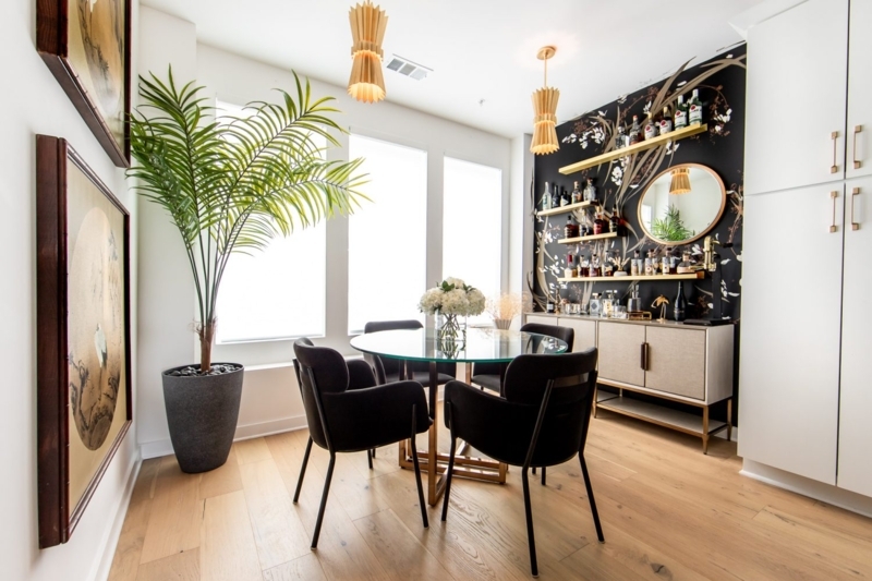 Dramatic Black Floral Feature Wall in Home Bar Dining Area Design