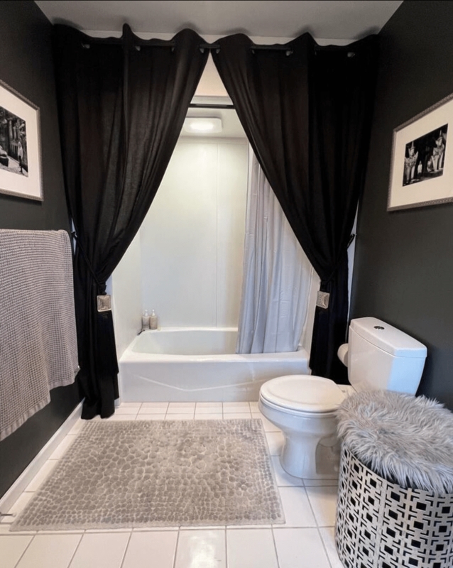 Dramatic Black Linen Shower Curtain Panels in Moody Bathroom Design