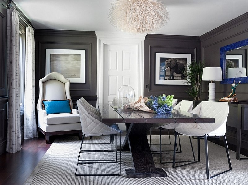 Dramatic Dining Room with Feather Chandelier and Charcoal Walls