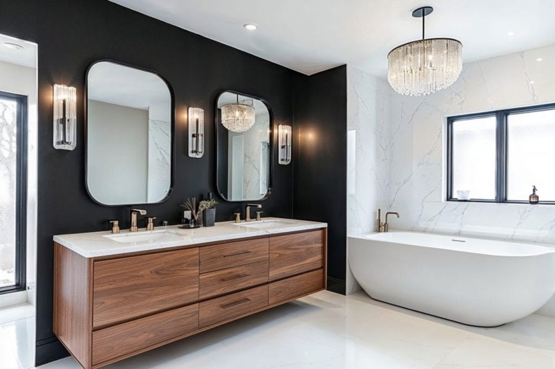 Dramatic Master Bathroom with Black Accent Wall & Walnut Vanity