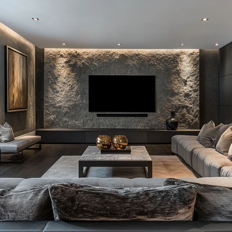 Dramatic Stone Accent Wall with Backlighting in Gray Basement Lounge