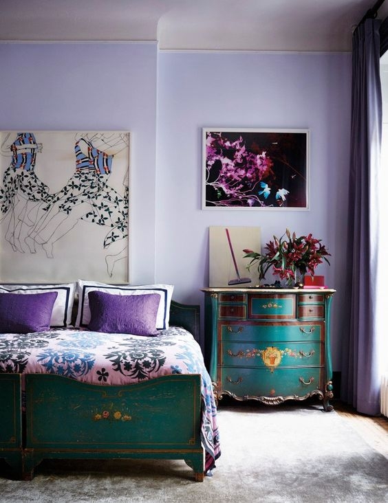 Dresser Vintage Teal Painted Floral Details Eclectic Bedroom Styling