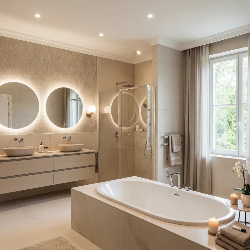 Drop-In Tub with Backlit Circular Mirrors & Textured Wall in Luxury Bath