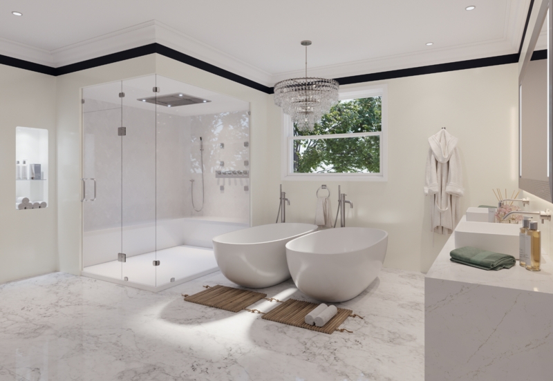 Dual Freestanding Tubs Bathroom with Crystal Chandelier and Trim