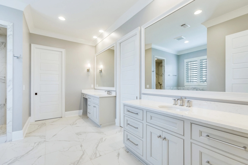 Dual Gray Vanity Design: Transitional Bathroom with Layered Lighting