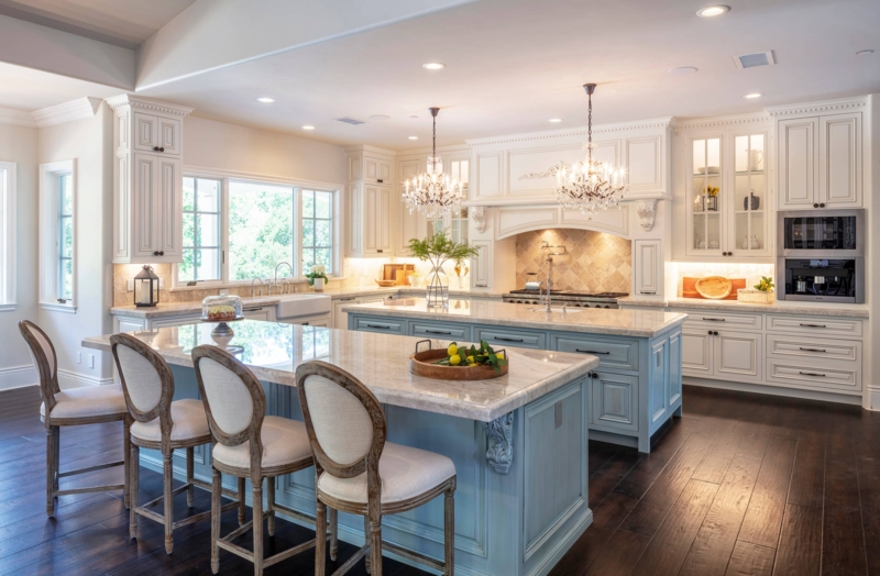 Dual Kitchen Islands in Light Blue with Oval Back Stools