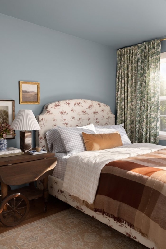 Dusty Blue Bedroom with Arched Toile Headboard