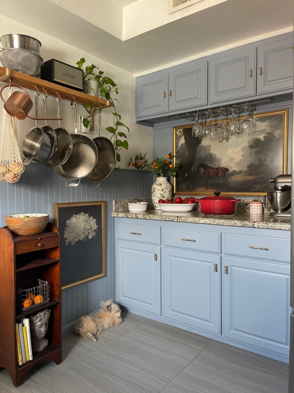 Dusty Blue Kitchen Cabinets With Beadboard Wainscoting Walls