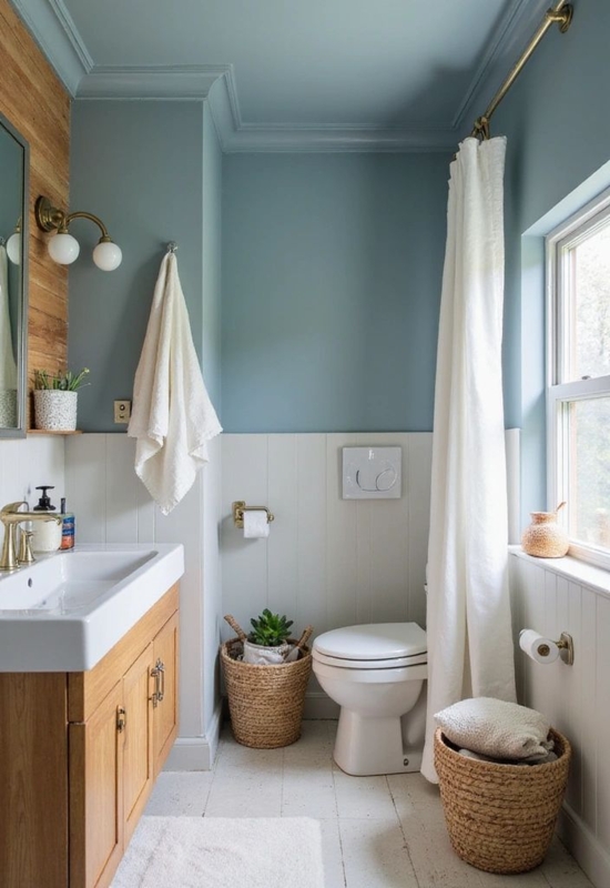 Dusty Blue Painted Ceiling in Small Bathroom with Wainscoting