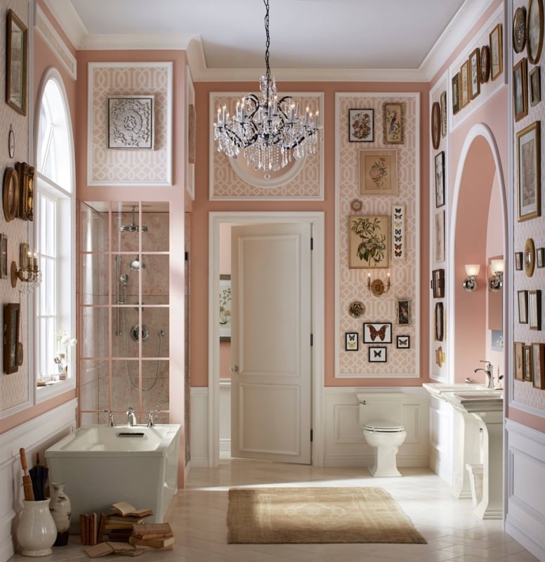 Dusty Pink Bathroom Design with Crystal Chandelier and Gallery Wall