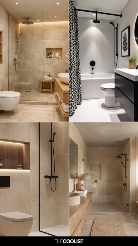 Earth-Toned Minimalist Bathroom with Textured Stone Tiles & Black Fixtures