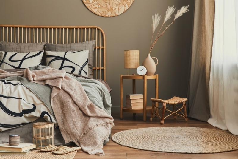 Earthy Bedroom Palette with Spindle Headboard and Jute Rug