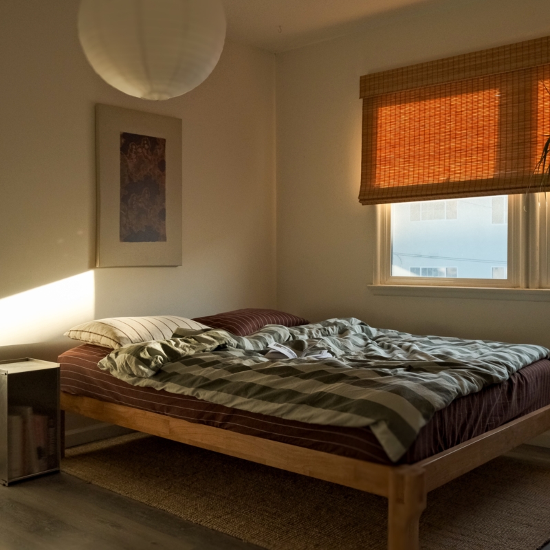 Earthy Bedroom with Bamboo Shades and Paper Lantern Lighting